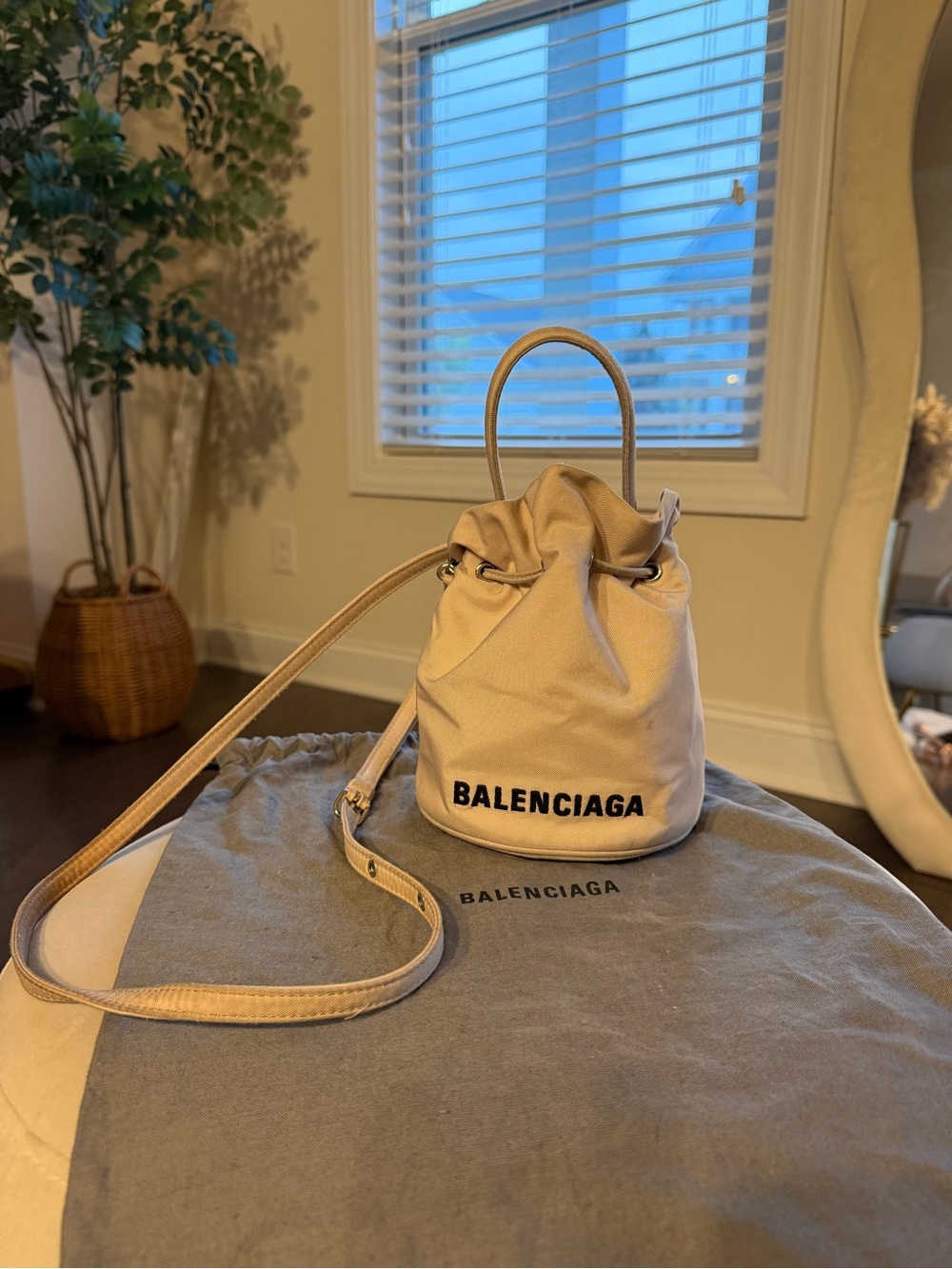 Balenciaga Beige Canvas Drawstring Bucket Bag with Black Logo
